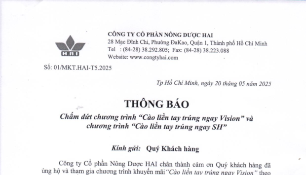 THÔNG BÁO VỀ VIỆC KẾT THÚC HAI CHƯƠNG TRÌNH KHUYẾN MÃI "CÀO LIỀN TAY TRÚNG NGAY VISION" VÀ "CÀO LIỀN TAY TRÚNG NGAY SH"